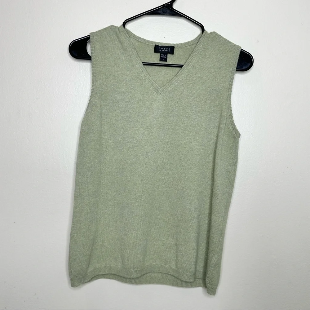Forte‎ Cashmere 2pc Light Green V-Neck Cable Knit Cardigan and Tank Set sz Large